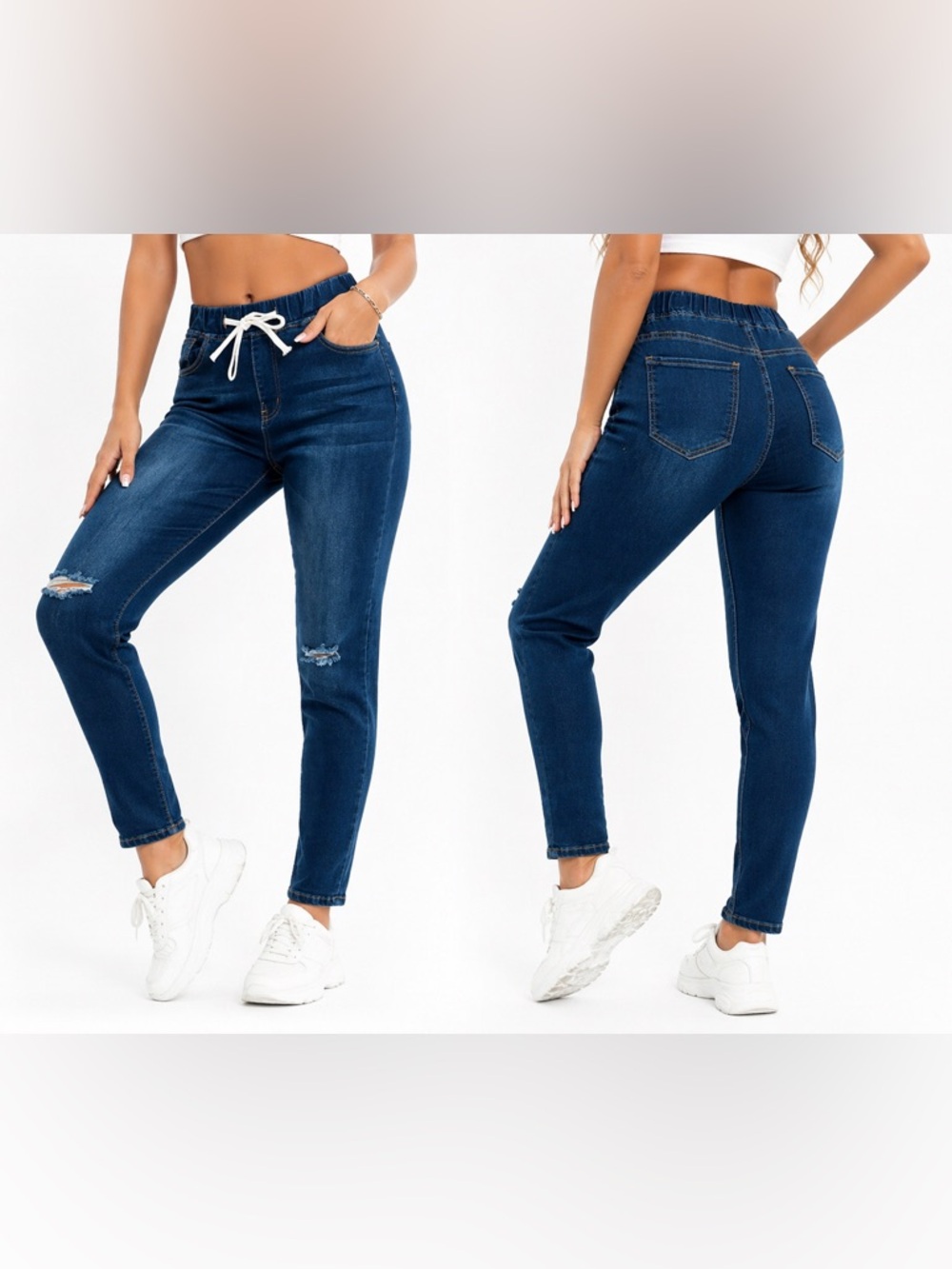 Y2K Style Drawstring Denim Jogger Jeans XL Distressed Stretch Pull On Casual